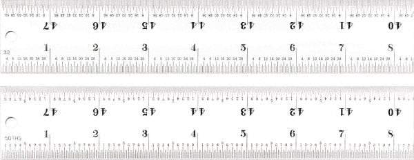 Starrett - 48" Long, 1/100, 1/64, 1/50, 1/32" Graduation, Rigid Spring Steel Rule - 16R Graduation Style, 1-1/2" Wide, Silver, Satin Chrome Finish - Exact Tool & Supply