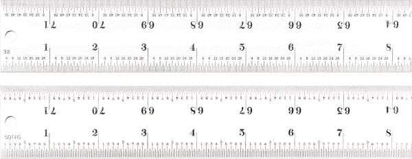 Starrett - 72" Long, 1/100, 1/64, 1/50, 1/32" Graduation, Rigid Spring Steel Rule - 16R Graduation Style, 1-1/2" Wide, Silver, Satin Chrome Finish - Exact Tool & Supply