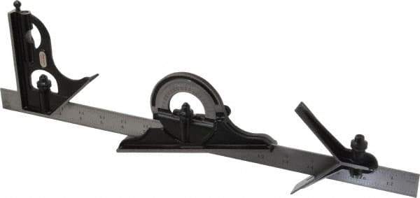 Starrett - 4 Piece, 18" Combination Square Set - 1/100, 1/32, 1/50 & 1/64" (16R) Graduation, Steel Blade, Forged Steel Center, Protractor & Square Head - Exact Tool & Supply