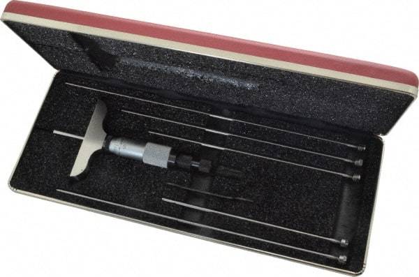 Starrett - 0 to 6" Range, 6 Rod, Mechanical Depth Micrometer - Ratchet Stop Thimble, 2-1/2" Base Length, 0.01mm Graduation, 1/8" Rod Diam - Exact Tool & Supply