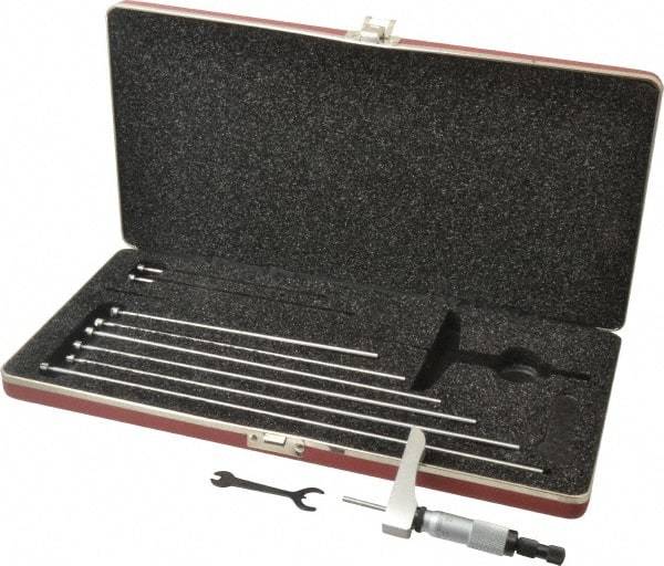 Starrett - 0 to 9" Range, 9 Rod, Satin Chrome Finish Mechanical Depth Micrometer - Ratchet Stop Thimble, 2" Base Length, 0.01mm Graduation, 5/32" Rod Diam - Exact Tool & Supply