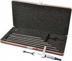 Starrett - 0 to 9" Range, 9 Rod, Satin Chrome Finish Mechanical Depth Micrometer - Ratchet Stop Thimble, 2" Base Length, 0.01mm Graduation, 5/32" Rod Diam - Exact Tool & Supply