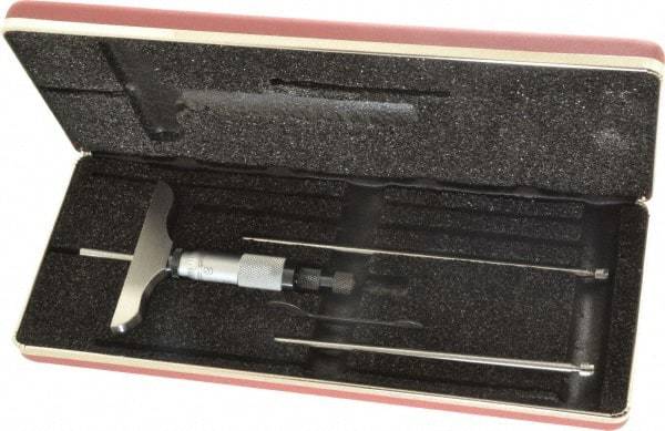 Starrett - 0 to 3" Range, 3 Rod, Satin Chrome Finish Mechanical Depth Micrometer - Ratchet Stop Thimble, 3" Base Length, 0.01mm Graduation, 5/32" Rod Diam - Exact Tool & Supply