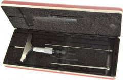 Starrett - 0 to 3" Range, 3 Rod, Satin Chrome Finish Mechanical Depth Micrometer - Ratchet Stop Thimble, 3" Base Length, 0.01mm Graduation, 5/32" Rod Diam - Exact Tool & Supply