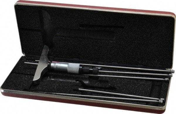 Starrett - 0 to 6" Range, 6 Rod, Satin Chrome Finish Mechanical Depth Micrometer - Ratchet Stop Thimble, 3" Base Length, 0.01mm Graduation, 5/32" Rod Diam - Exact Tool & Supply
