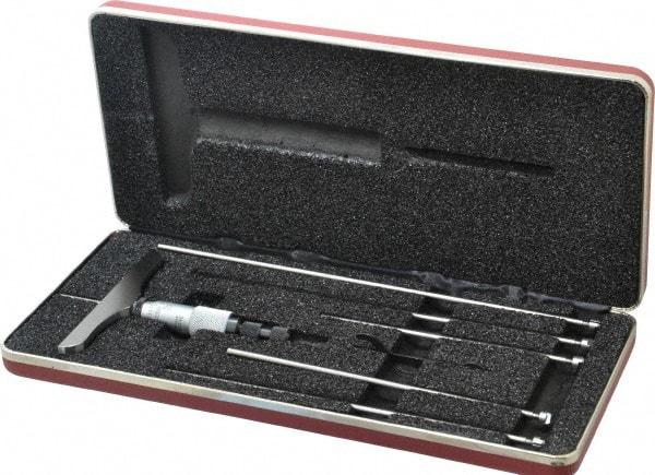 Starrett - 0 to 6" Range, 6 Rod, Satin Chrome Finish Mechanical Depth Micrometer - Ratchet Stop Thimble, 4" Base Length, 0.01mm Graduation, 5/32" Rod Diam - Exact Tool & Supply