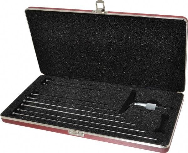 Starrett - 0 to 9" Range, 9 Rod, Satin Chrome Finish Mechanical Depth Micrometer - Ratchet Stop Thimble, 4" Base Length, 0.01mm Graduation, 5/32" Rod Diam - Exact Tool & Supply