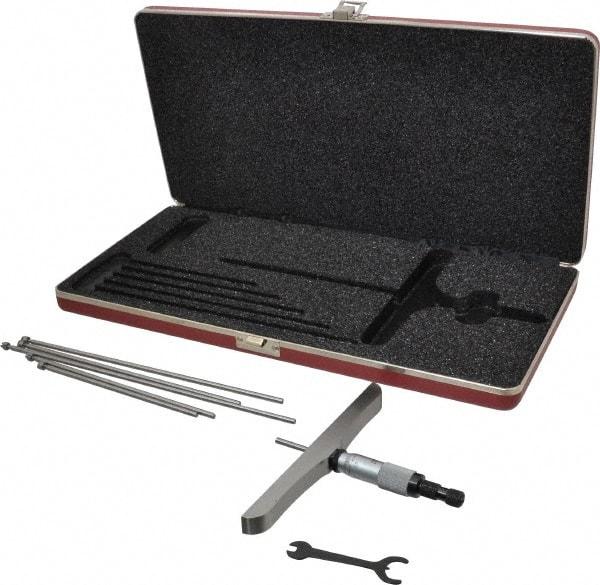 Starrett - 0 to 6" Range, 6 Rod, Satin Chrome Finish Mechanical Depth Micrometer - Ratchet Stop Thimble, 6" Base Length, 0.01mm Graduation, 5/32" Rod Diam - Exact Tool & Supply