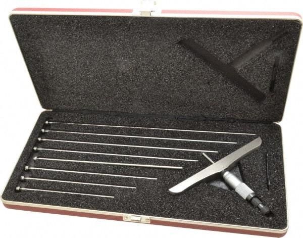 Starrett - 0 to 9" Range, 9 Rod, Satin Chrome Finish Mechanical Depth Micrometer - Ratchet Stop Thimble, 6" Base Length, 0.01mm Graduation, 5/32" Rod Diam - Exact Tool & Supply