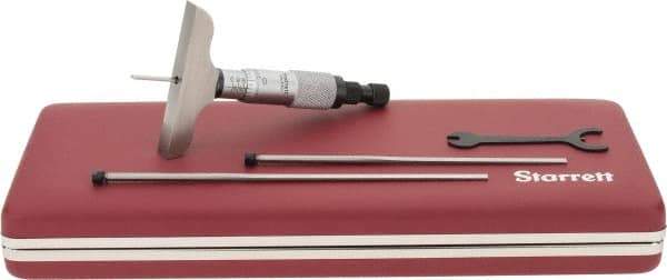Starrett - 0 to 3" Range, 3 Rod, Mechanical Depth Micrometer - Ratchet Stop Thimble, 2-1/2" Base Length, 0.01mm Graduation, 1/8" Rod Diam - Exact Tool & Supply