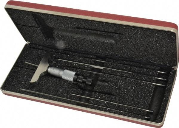 Starrett - 0 to 6" Range, 6 Rod, Mechanical Depth Micrometer - Ratchet Stop Thimble, 2-1/2" Base Length, 0.01mm Graduation, 1/8" Rod Diam - Exact Tool & Supply
