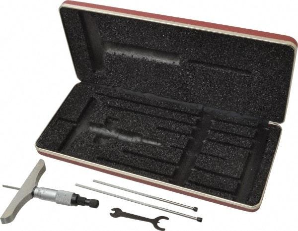 Starrett - 0 to 3" Range, 3 Rod, Mechanical Depth Micrometer - Ratchet Stop Thimble, 4" Base Length, 0.01mm Graduation, 1/8" Rod Diam - Exact Tool & Supply