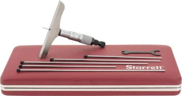 Starrett - 0 to 6" Range, 6 Rod, Mechanical Depth Micrometer - Ratchet Stop Thimble, 4" Base Length, 0.01mm Graduation, 1/8" Rod Diam - Exact Tool & Supply