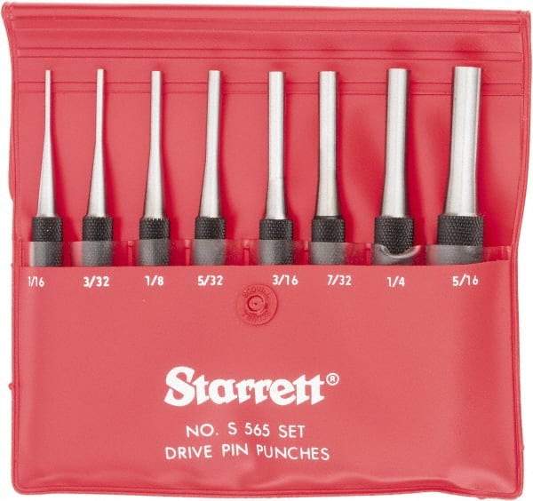 Starrett - 8 Piece, 1/16 to 5/16", Pin Punch Set - Round Shank, Comes in Vinyl Pouch - Exact Tool & Supply