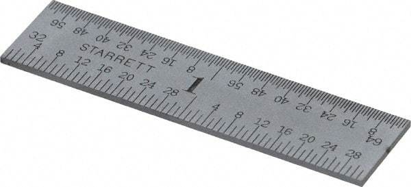 Starrett - 2" Long, 1/64, 1/32, 1/16, 1/8" Graduation, Rigid Spring Steel Rule - 4R Graduation Style, 1/2" Wide, Silver, Satin Chrome Finish - Exact Tool & Supply