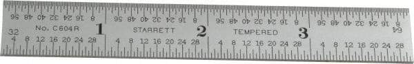 Starrett - 4" Long, 1/64, 1/32, 1/16, 1/8" Graduation, Rigid Spring Steel Rule - 4R Graduation Style, 5/8" Wide, Silver, Satin Chrome Finish - Exact Tool & Supply