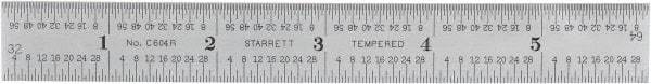 Starrett - 6" Long, 1/64, 1/32, 1/16, 1/8" Graduation, Rigid Spring Steel Rule - 4R Graduation Style, 3/4" Wide, Silver, Satin Chrome Finish - Exact Tool & Supply