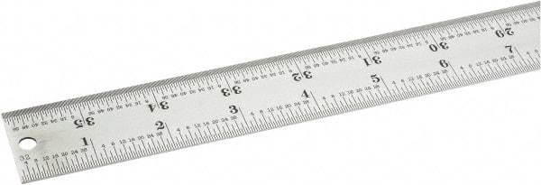 Starrett - 36" Long, 1/64, 1/32, 1/16, 1/8" Graduation, Rigid Spring Steel Rule - 4R Graduation Style, 1-1/4" Wide, Silver, Satin Chrome Finish - Exact Tool & Supply