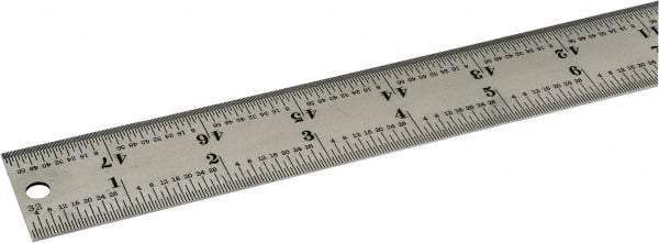 Starrett - 48" Long, 1/64, 1/32, 1/16, 1/8" Graduation, Rigid Spring Steel Rule - 4R Graduation Style, 1-1/4" Wide, Silver, Satin Chrome Finish - Exact Tool & Supply