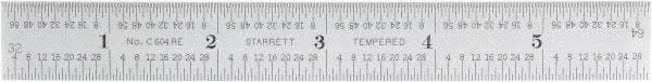 Starrett - 6" Long, 1/64, 1/32, 1/16, 1/8" Graduation, Rigid Spring Steel Rule - 4R Graduation Style, 3/4" Wide, Silver, Satin Chrome Finish - Exact Tool & Supply