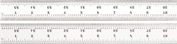 Starrett - 36" Long, 1/100, 1/64, 1/32, 1/16" Graduation, Rigid Spring Steel Rule - 7R Graduation Style, 1-1/4" Wide, Silver, Satin Chrome Finish - Exact Tool & Supply