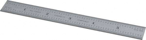 Starrett - 6" Long, 1/100, 1/64, 1/50, 1/32" Graduation, Rigid Spring Steel Rule - 16R Graduation Style, 3/4" Wide, Silver, Satin Chrome Finish - Exact Tool & Supply