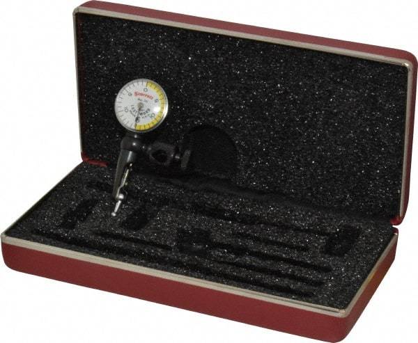 Starrett - 3 Piece, 0" to 0.03" Measuring Range, 15/16" Dial Diam, 0-15-0 Dial Reading, White & Yellow Dial Test Indicator Kit - 5/32" Contact Point Length, 3mm Ball Diam, 0.001" Dial Graduation - Exact Tool & Supply