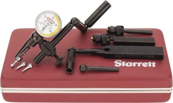 Starrett - 11 Piece, 0" to 0.03" Measuring Range, 15/16" Dial Diam, 0-15-0 Dial Reading, White & Yellow Dial Test Indicator Kit - 5/32" Contact Point Length, 0.9, 1.6 & 3mm Ball Diam, 0.0005" Dial Graduation - Exact Tool & Supply
