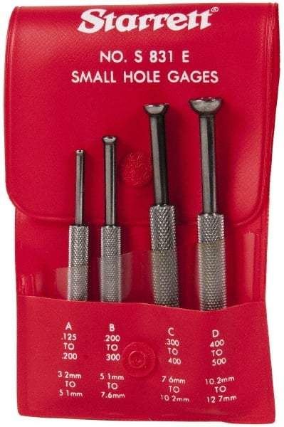 Starrett - 1/8 to 1/2 Inch Measurement, Small Hole Gage Set - 2-13/16, 3-1/8, 3-3/8 and 3-1/2 Inch Long, Half Ball, Includes Case - Exact Tool & Supply