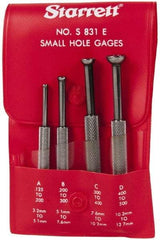 Starrett - 1/8 to 1/2 Inch Measurement, Small Hole Gage Set - 2-13/16, 3-1/8, 3-3/8 and 3-1/2 Inch Long, Half Ball, Includes Case - Exact Tool & Supply