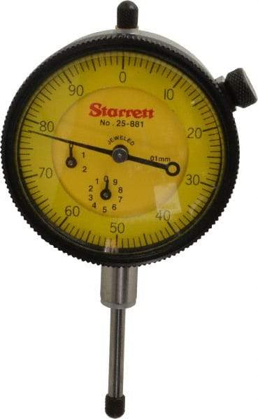 Starrett - 25mm Range, 0-100 Dial Reading, 0.01mm Graduation Dial Drop Indicator - 2-1/4" Dial, 1mm Range per Revolution, Revolution Counter - Exact Tool & Supply