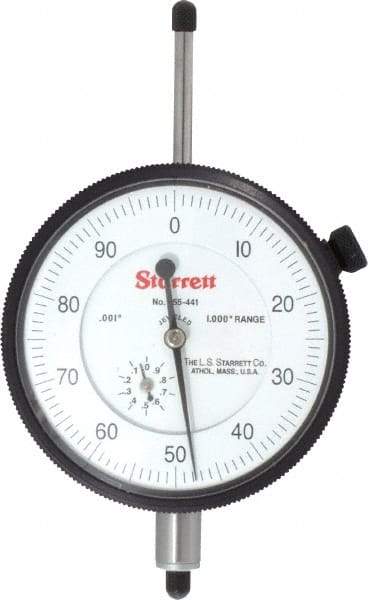 Starrett - 1" Range, 0-100 Dial Reading, 0.001" Graduation Dial Drop Indicator - 2-3/4" Dial, 0.1" Range per Revolution, Revolution Counter - Exact Tool & Supply