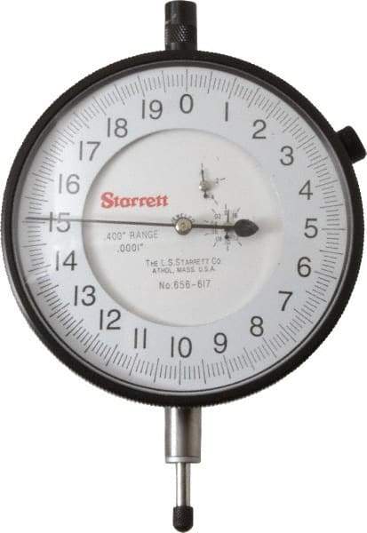 Starrett - 0.4" Range, 0-20 Dial Reading, 0.0001" Graduation Dial Drop Indicator - 3-5/8" Dial, 0.02" Range per Revolution - Exact Tool & Supply