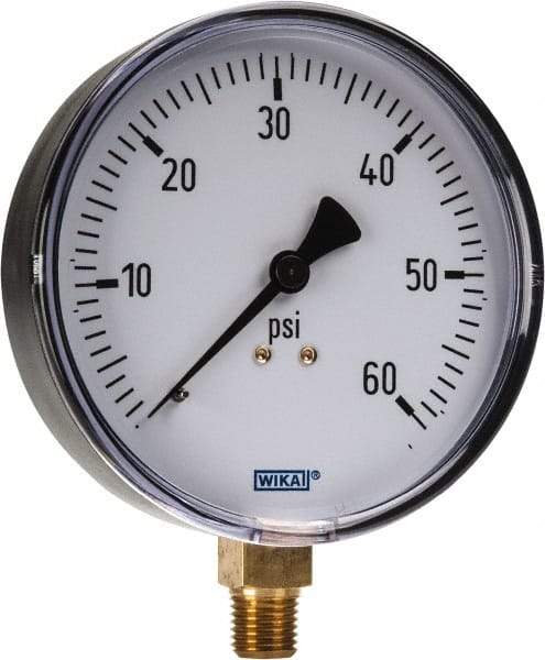 Wika - 4" Dial, 1/4 Thread, 0-60 Scale Range, Pressure Gauge - Lower Connection Mount, Accurate to 3-2-3% of Scale - Exact Tool & Supply