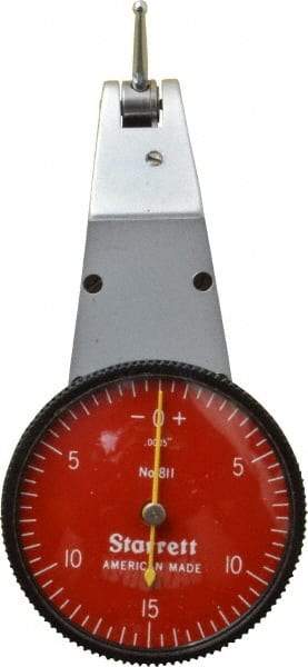 Starrett - 0.03 Inch Range, 0.0005 Inch Dial Graduation, Horizontal Dial Test Indicator - 1-3/8 Inch Red Dial, 0-15-0 Dial Reading - Exact Tool & Supply