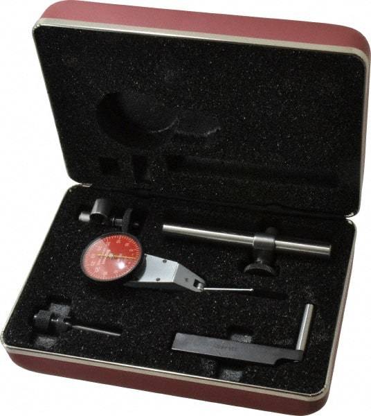 Starrett - 7 Piece, 0" to 0.06" Measuring Range, 1-3/8" Dial Diam, 0-30-0 Dial Reading, Red Dial Test Indicator Kit - 1-5/16" Contact Point Length, 2mm Ball Diam, 0.001" Dial Graduation - Exact Tool & Supply