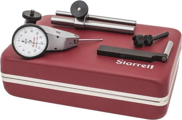 Starrett - 7 Piece, 0" to 0.06" Measuring Range, 1-3/8" Dial Diam, 0-30-0 Dial Reading, White Dial Test Indicator Kit - 1-5/16" Contact Point Length, 2mm Ball Diam, 0.001" Dial Graduation - Exact Tool & Supply