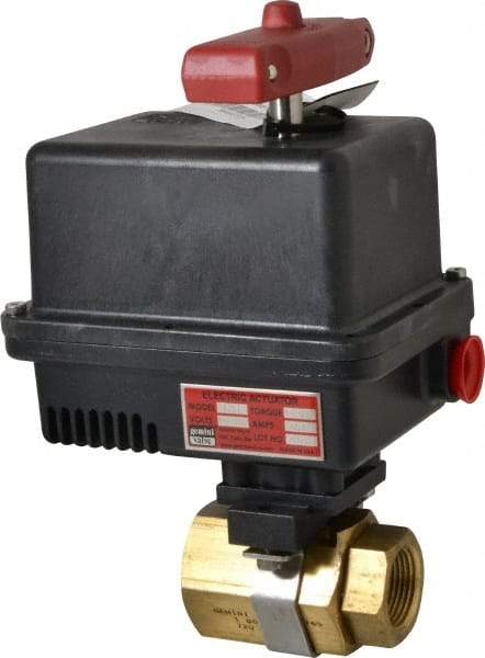 Gemini Valve - 1" Pipe, 720 psi WOG Rating Brass Electric Actuated Ball Valve - Reinforced PTFE Seal, Standard Port, Threaded (NPT) End Connection - Exact Tool & Supply