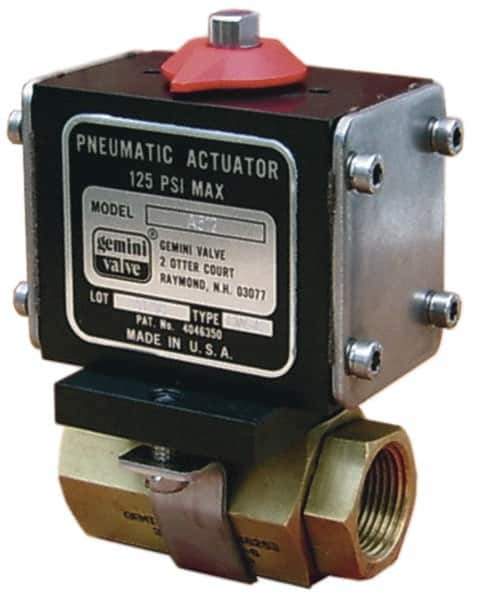 Gemini Valve - 1" Pipe, 720 psi WOG Rating Brass Pneumatic Double Acting with Solenoid Actuated Ball Valve - Reinforced PTFE Seal, Standard Port, Threaded (NPT) End Connection - Exact Tool & Supply
