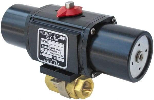Gemini Valve - 3/4" Pipe, 720 psi WOG Rating Brass Pneumatic Spring Return with Solenoid Actuated Ball Valve - Reinforced PTFE Seal, Standard Port, Threaded (NPT) End Connection - Exact Tool & Supply