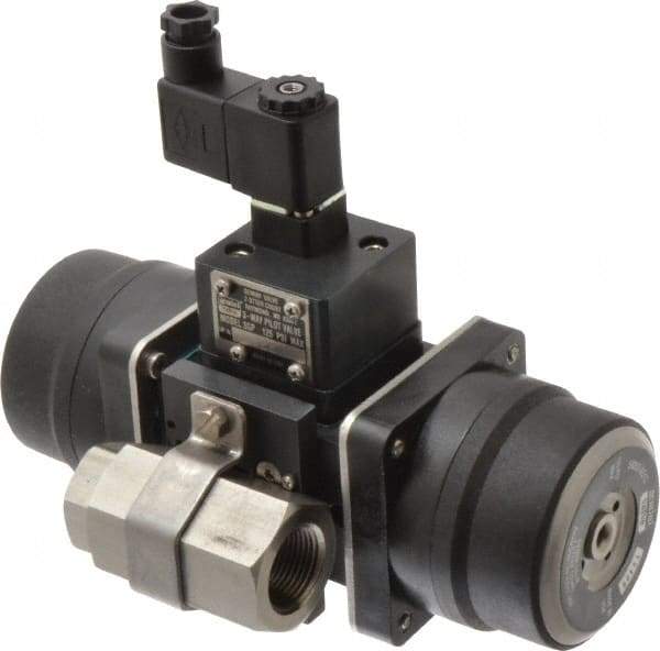 Gemini Valve - 3/4" Pipe, 720 psi WOG Rating Stainless Steel Pneumatic Spring Return with Solenoid Actuated Ball Valve - Reinforced PTFE Seal, Standard Port, Threaded (NPT) End Connection - Exact Tool & Supply