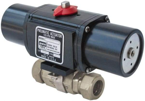 Gemini Valve - 1/4" Pipe, 1,000 psi WOG Rating Stainless Steel Pneumatic Spring Return with Solenoid Actuated Ball Valve - Reinforced PTFE Seal, Full Port - Exact Tool & Supply