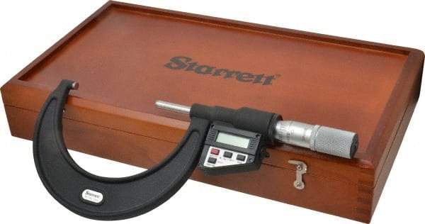 Starrett - 3 to 4" Range, 0.0001" Resolution, Standard Throat, Electronic Outside Micrometer - 0.0002" Accuracy, Friction Thimble, Micro Lapped Carbide Face, CR2450 Battery, Data Output, Includes 3V Battery - Exact Tool & Supply