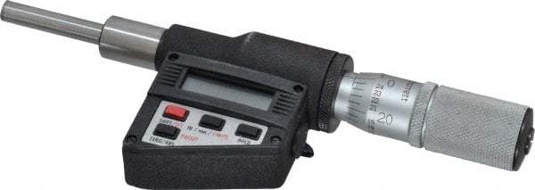 Starrett - 0 to 25mm Range, 1/4" Spindle Diameter, 2-1/4" Spindle Length, 6-3/16 OAL, Flat Spindle Electronic Micrometer Head - 0.00005" Resolution, 0.0001" Accuracy, Friction Thimble, Carbide Measuring Face, Data Output - Exact Tool & Supply