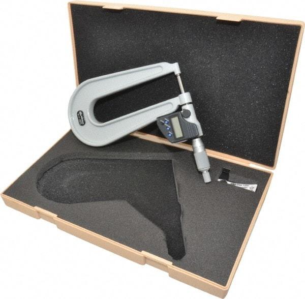 Mitutoyo - 0 to 1 Inch Range, 0.0001 Inch Resolution, Deep Throat, IP65 Electronic Outside Micrometer - 0.0002 Inch Accuracy, 6.3 Inch Throat, Ratchet Stop Thimble, Carbide Face, SR44 Battery, Data Output, Includes Plastic Case - Exact Tool & Supply