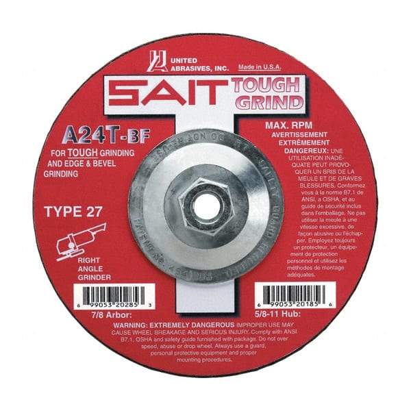 Sait - 24 Grit, 7" Wheel Diam, 1/4" Wheel Thickness, Type 27 Depressed Center Wheel - Aluminum Oxide, Resinoid Bond, T Hardness, 8,500 Max RPM, Compatible with Angle Grinder - Exact Tool & Supply