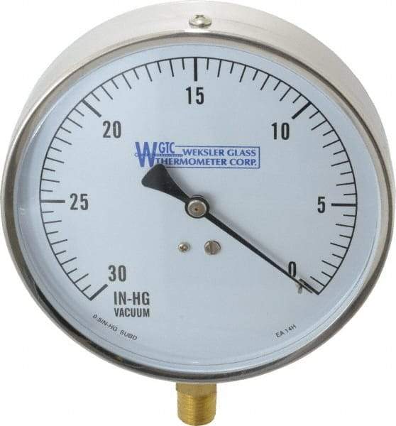 WGTC - 4-1/2" Dial, 1/4 Thread, 30-0 Scale Range, Pressure Gauge - Lower Connection Mount, Accurate to 1% of Scale - Exact Tool & Supply