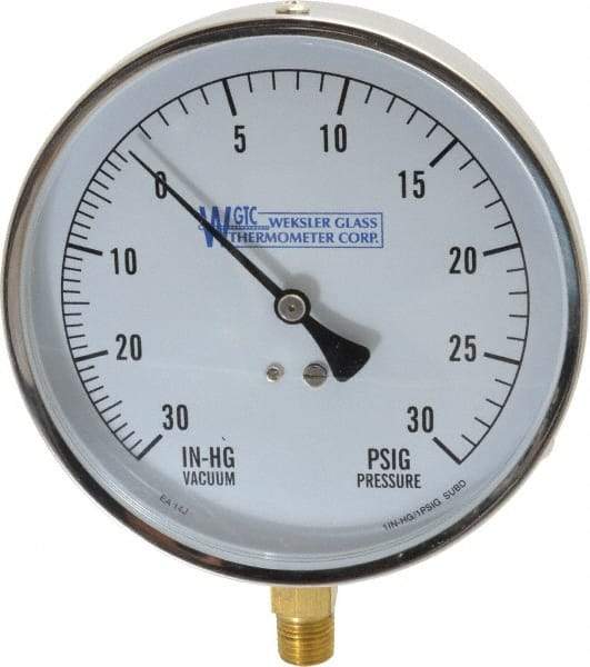 WGTC - 4-1/2" Dial, 1/4 Thread, 30-0-30 Scale Range, Pressure Gauge - Lower Connection Mount, Accurate to 1% of Scale - Exact Tool & Supply