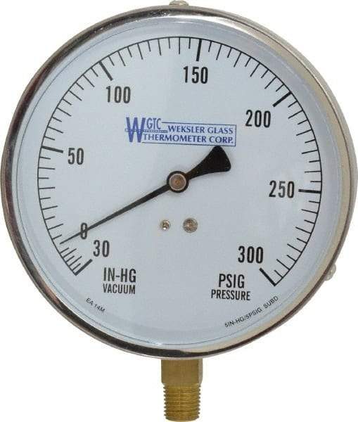 WGTC - 4-1/2" Dial, 1/4 Thread, 30-0-300 Scale Range, Pressure Gauge - Lower Connection Mount, Accurate to 1% of Scale - Exact Tool & Supply