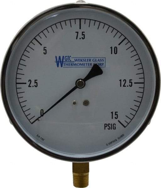 WGTC - 4-1/2" Dial, 1/4 Thread, 0-15 Scale Range, Pressure Gauge - Lower Connection Mount, Accurate to 1% of Scale - Exact Tool & Supply